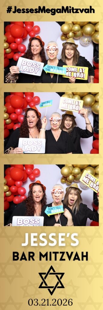 Gold 2x6 photo booth strip from a bar mitzvah with three frames of guests holding props