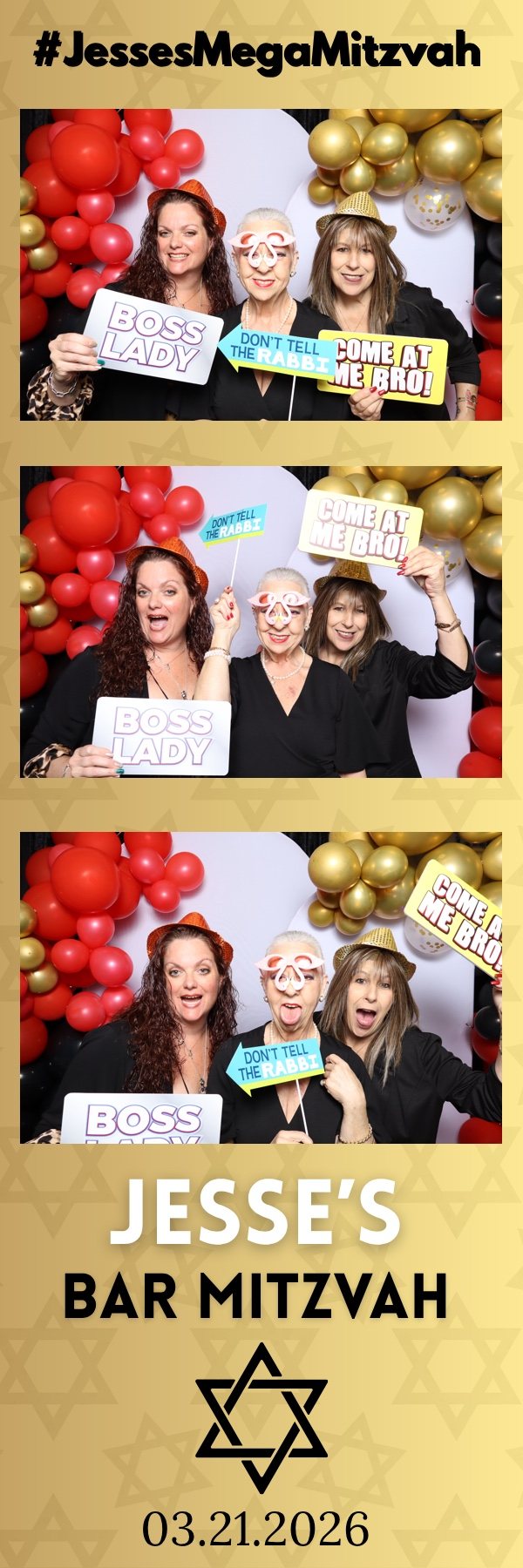 Gold 2x6 photo booth strip from a bar mitzvah with three frames of guests holding props
