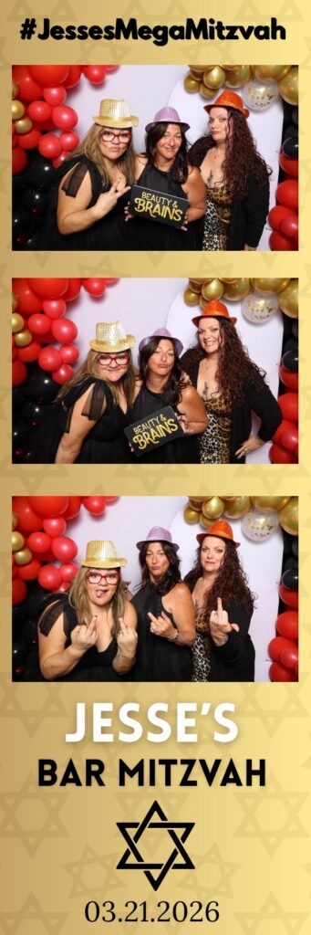 Gold 2x6 photo booth strip from a bar mitzvah showing four guests posing with props