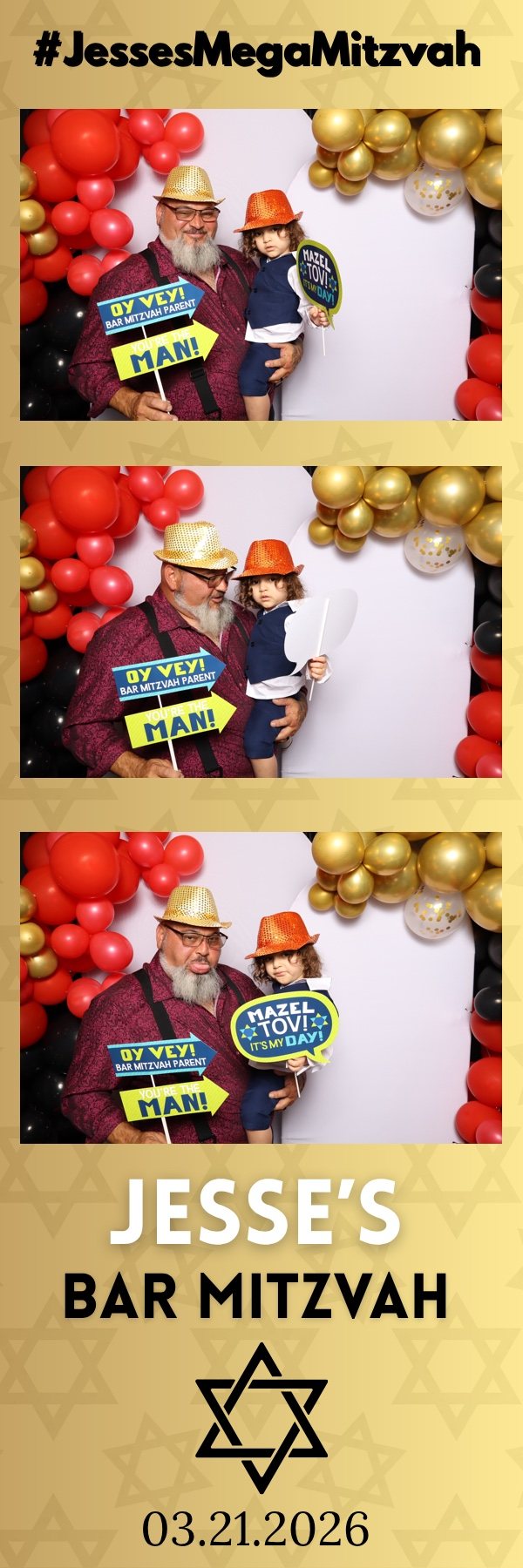 Gold bar mitzvah photo booth strip showing a guest in a cowboy hat with a child