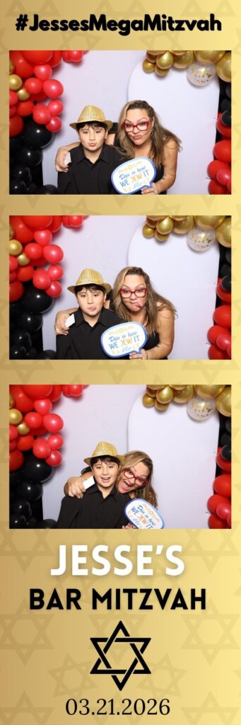 Gold bar mitzvah photo booth strip with two guests in prop hats and glasses