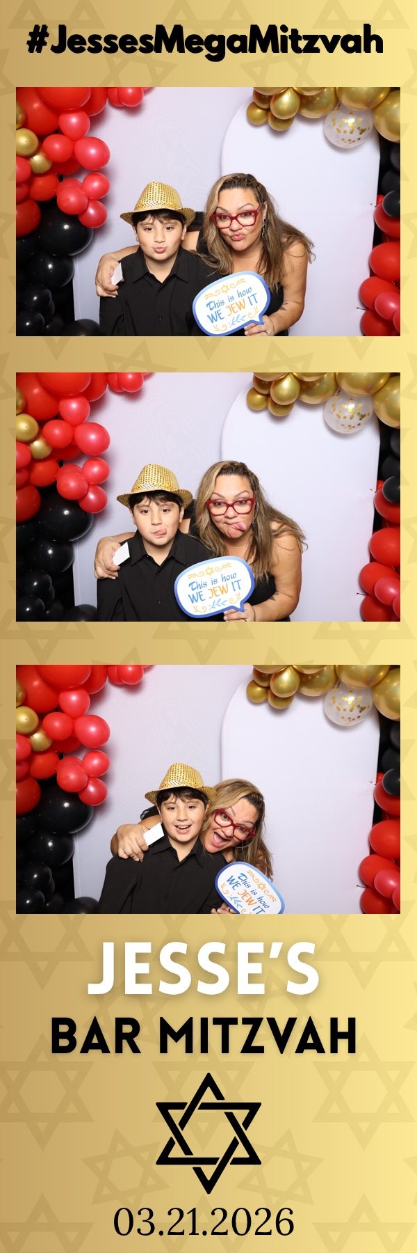Gold bar mitzvah photo booth strip with two guests in prop hats and glasses