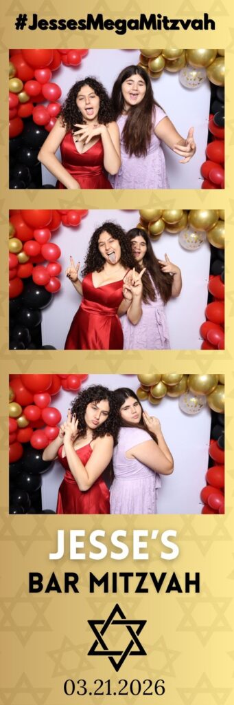 Gold bar mitzvah photo booth strip with two guests in formal dresses