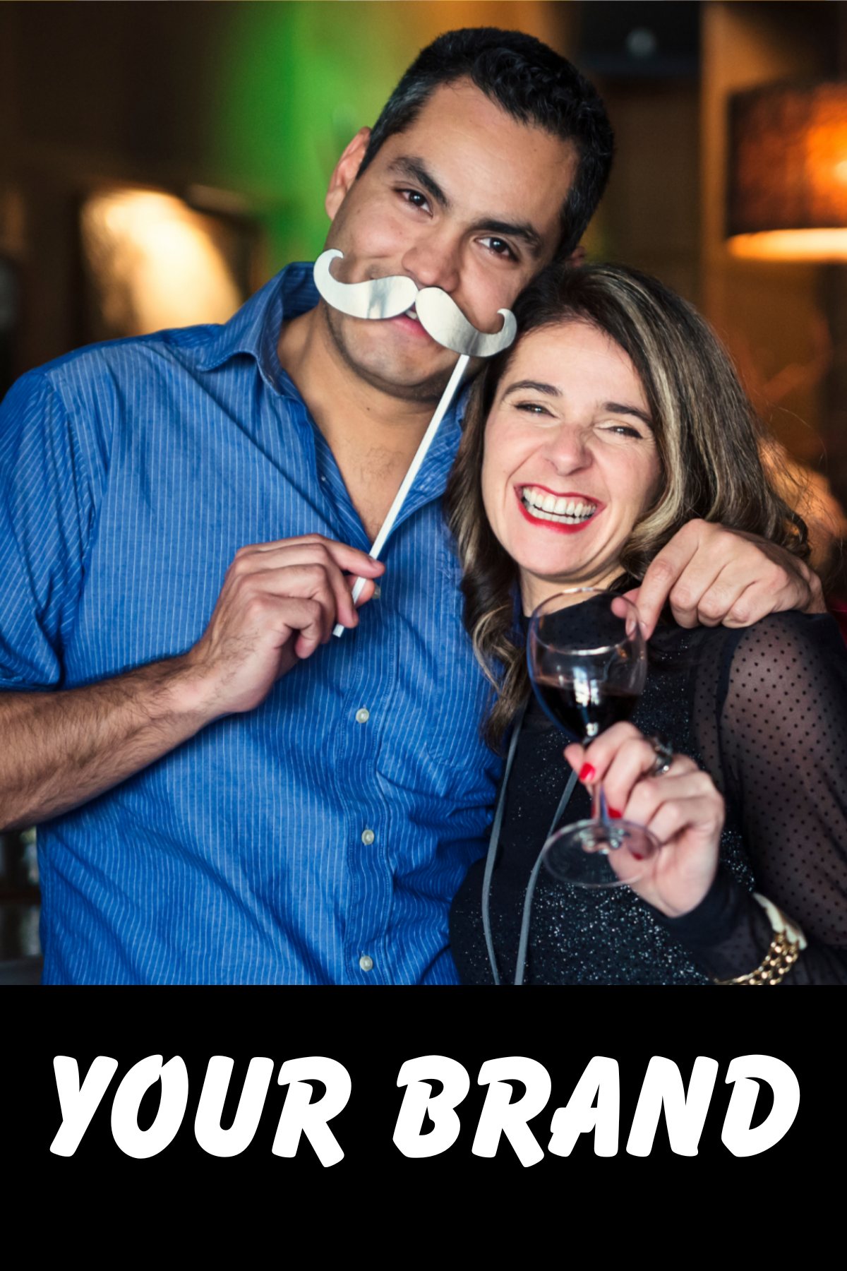 Example 4x6 photo booth print of two guests with props and a custom brand overlay