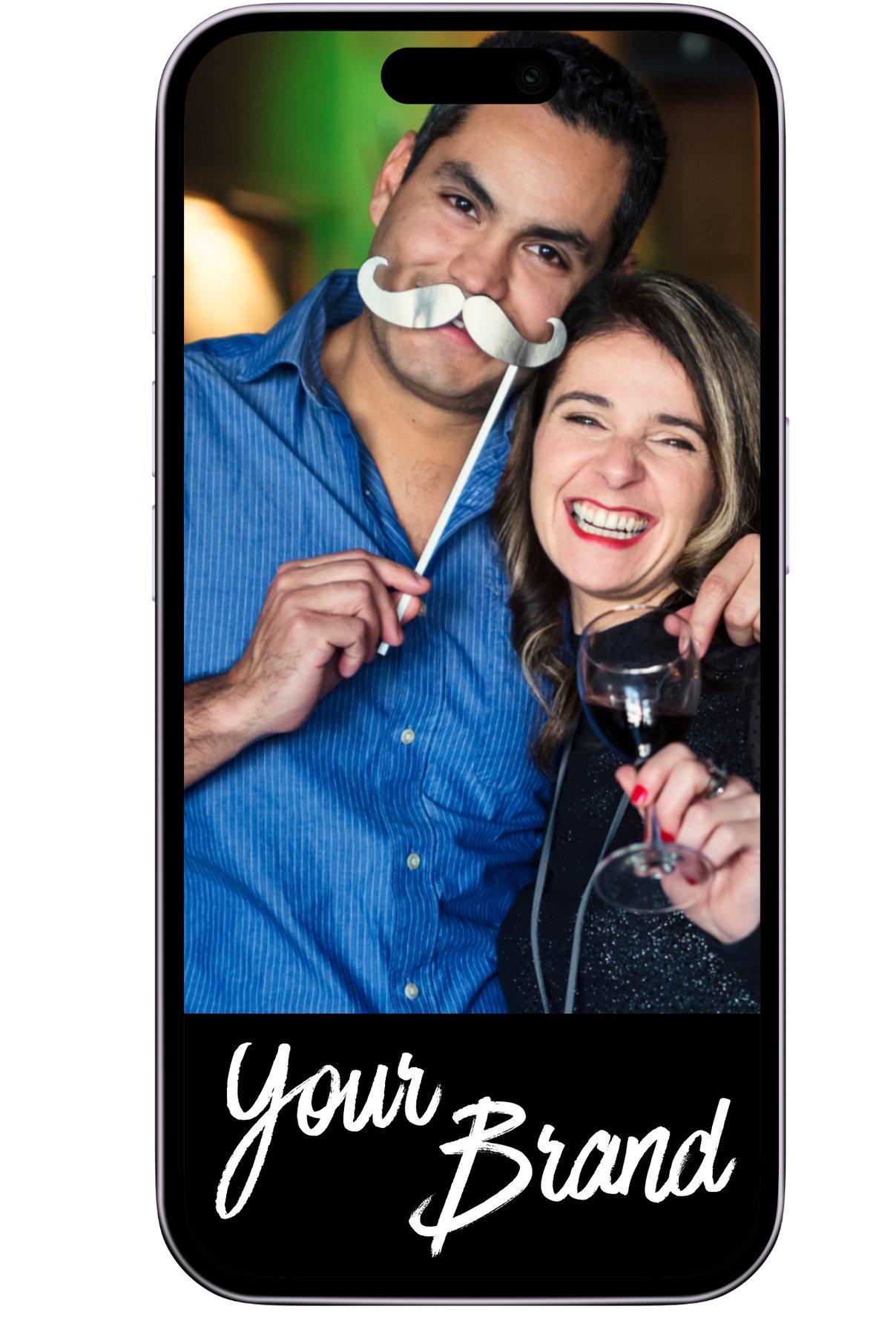 Phone showing a branded photo booth image of two guests with props, captioned Your Brand