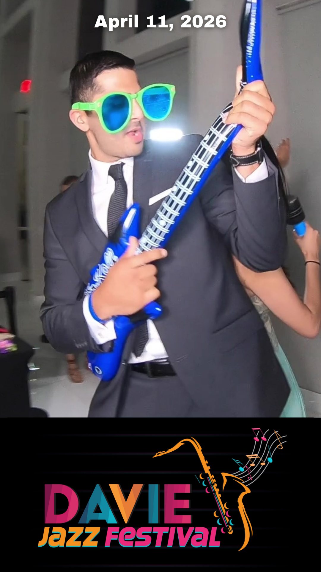 Photo booth output designed for the Davie Jazz Festival showing a guest with prop sunglasses