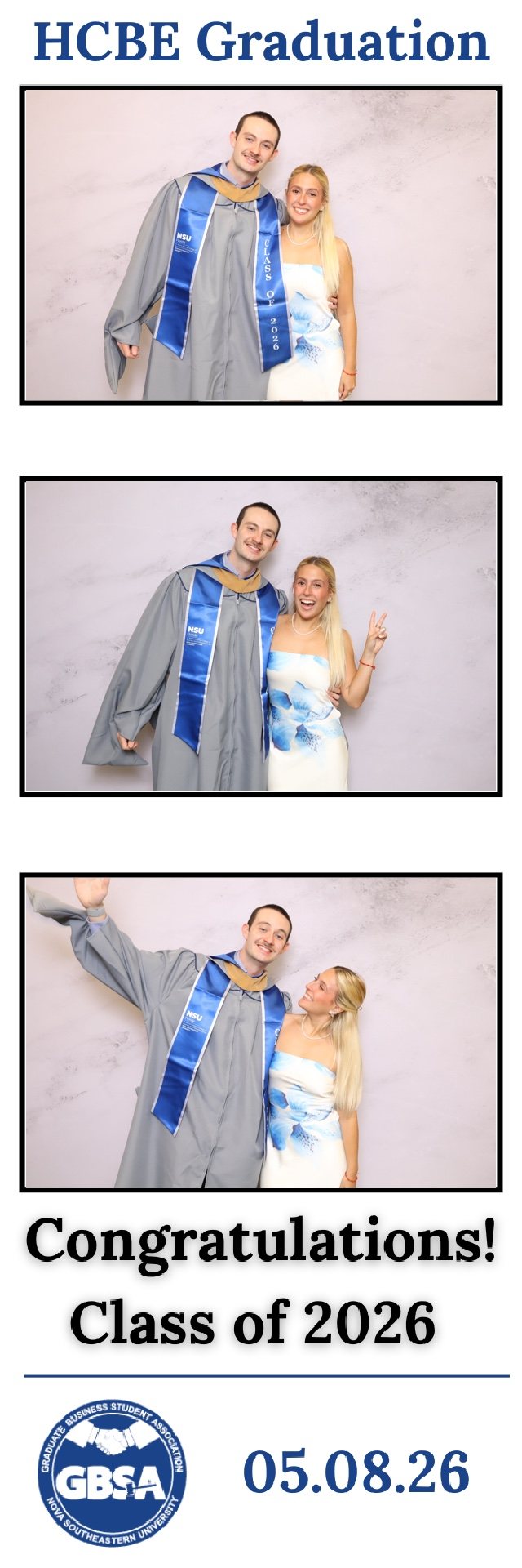 Photo booth strip from a class of 2026 graduation with a graduate and guest celebrating