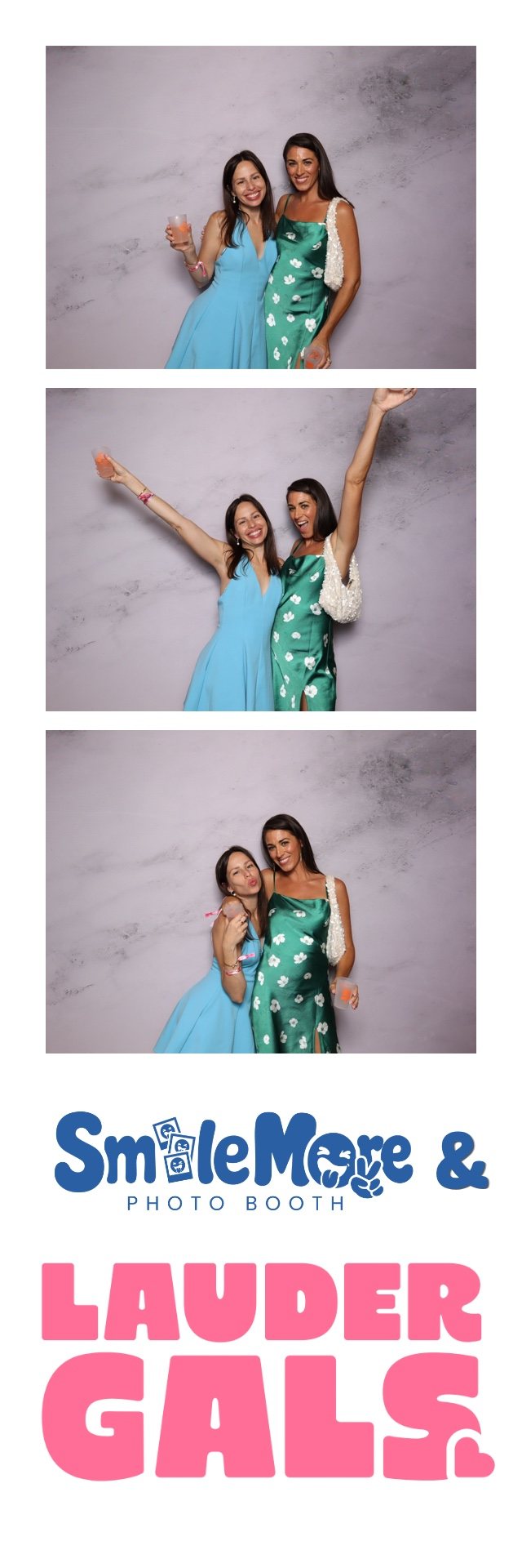 Branded 2x6 photo strip with three frames of guests in evening dresses