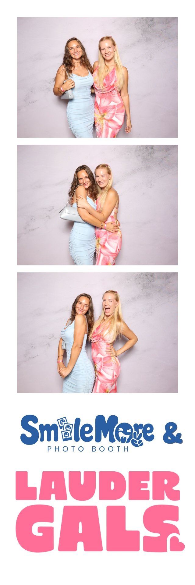 Branded 2x6 photo strip with two guests posing in formal dresses