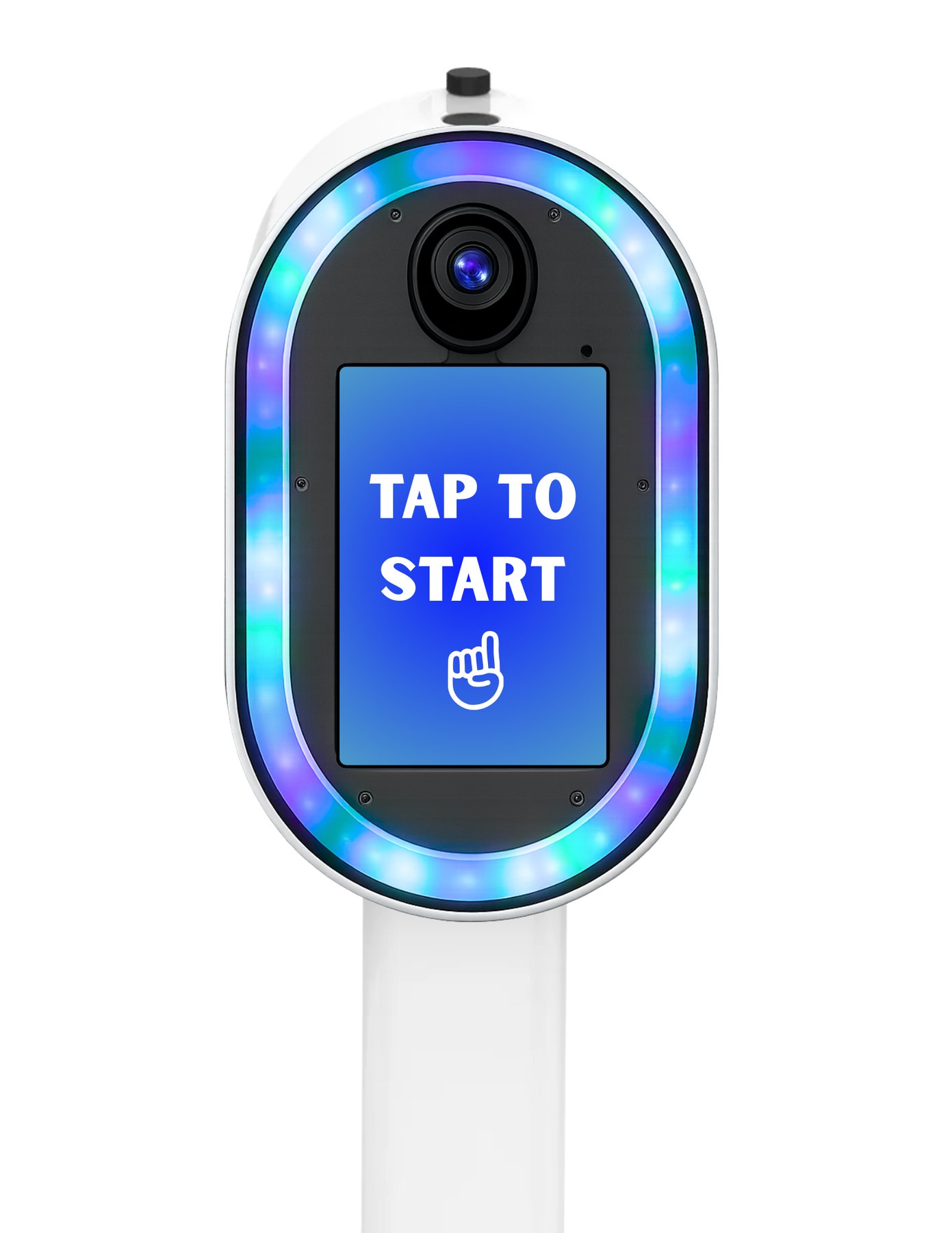 Motion social photo booth with RGB ring lighting showing a tap to start screen